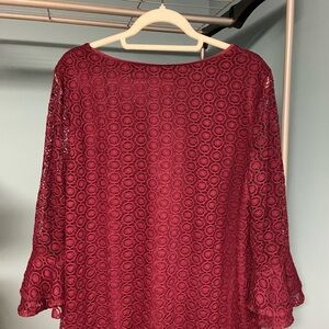Roz & Ali Burgundy Lace Crochet Bell Sleeve Blouse - Size XL